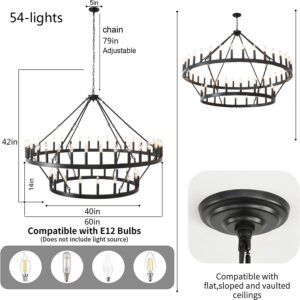 celimi Large Wagon Wheel Chandelier Black Round Modern Farmhouse 2 Tier 54-Lighting Fixtures for High Ceilings, Dining Room,Living Room