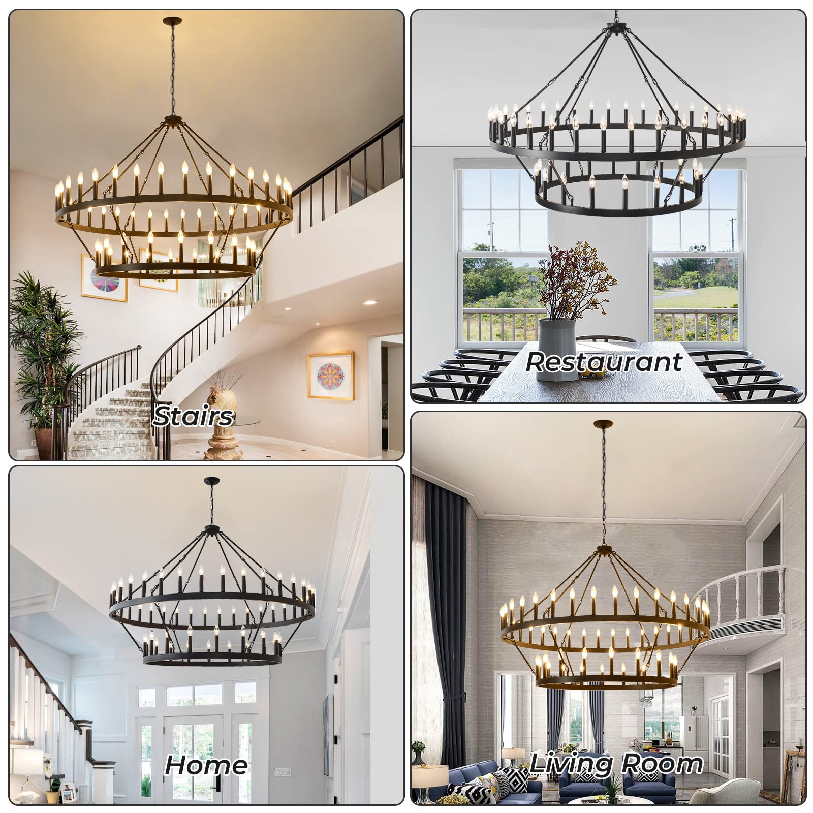 celimi Large Wagon Wheel Chandelier Black Round Modern Farmhouse 2 Tier 54-Lighting Fixtures for High Ceilings, Dining Room,Living Room