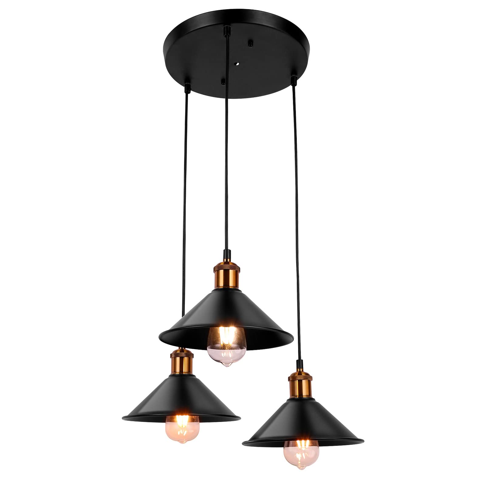 FIRVRE 3-Lights Industrial Pendant Light, Black Adjustable Metal Pendant Lights, E26 Base Socket, Ceiling Hanging Light Fixture for Home Kitchen,Dining Room,Café,Bulb Not Included