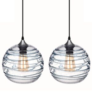 ARIAMOTION Pendant Lights Dining Room Coastal Lighting Fixtures Blue Stripe Seeded Glass Modern Style Ceiling Hanging Kitchen Island Beach House Sunroom Hallway Globe Lamp 9 Inch 2 Pack