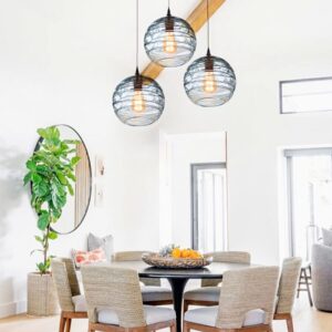 ARIAMOTION Pendant Lights Dining Room Coastal Lighting Fixtures Blue Stripe Seeded Glass Modern Style Ceiling Hanging Kitchen Island Beach House Sunroom Hallway Globe Lamp 9 Inch 2 Pack