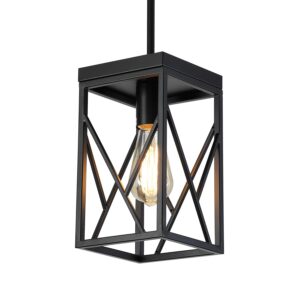 modern black pendant light with metal cage, one-light adjustable rods industrial mini pendant lighting fixture for kitchen island cafe bar farmhouse, black