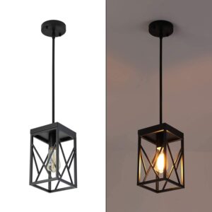 Modern Black Pendant Light with Metal Cage, One-Light Adjustable Rods Industrial Mini Pendant Lighting Fixture for Kitchen Island Cafe Bar Farmhouse, Black