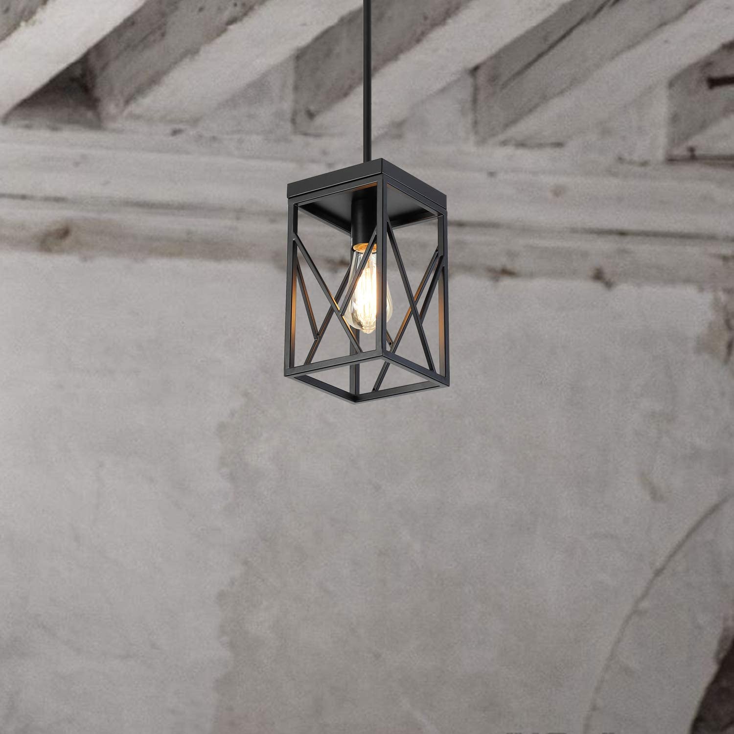 Modern Black Pendant Light with Metal Cage, One-Light Adjustable Rods Industrial Mini Pendant Lighting Fixture for Kitchen Island Cafe Bar Farmhouse, Black