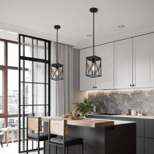 Modern Black Pendant Light with Metal Cage, One-Light Adjustable Rods Industrial Mini Pendant Lighting Fixture for Kitchen Island Cafe Bar Farmhouse, Black