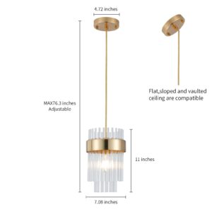 Gold Pendant Lights Kitchen Island,1-Light Crystal Pendant Light Fixtures Over Island,Modern Brass Mini chandelier for Dining Room, Adjustable Cord Hanging Lights for Bedroom,Bar,Sink,Entryway