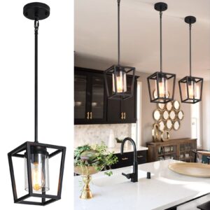 sglfarmty black pendant lights kitchen island, 1-light light fixtures, farmhouse island lighting, metal cage hanging with glass shade for hallway, entryway