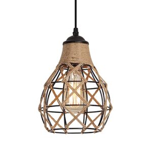 rustic industrial woven pendant light, one-light adjustable metal hemp rope mini pendant lighting fixture for kitchen island cafe bar farmhouse, black