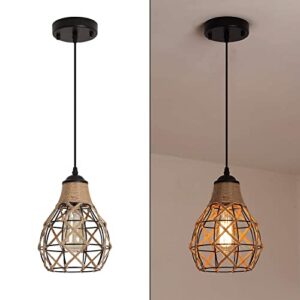 Rustic Industrial Woven Pendant Light, One-Light Adjustable Metal Hemp Rope Mini Pendant Lighting Fixture for Kitchen Island Cafe Bar Farmhouse, Black