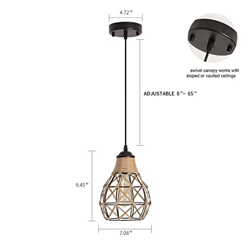 Rustic Industrial Woven Pendant Light, One-Light Adjustable Metal Hemp Rope Mini Pendant Lighting Fixture for Kitchen Island Cafe Bar Farmhouse, Black