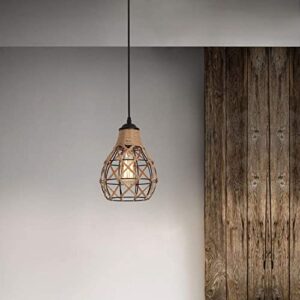 Rustic Industrial Woven Pendant Light, One-Light Adjustable Metal Hemp Rope Mini Pendant Lighting Fixture for Kitchen Island Cafe Bar Farmhouse, Black