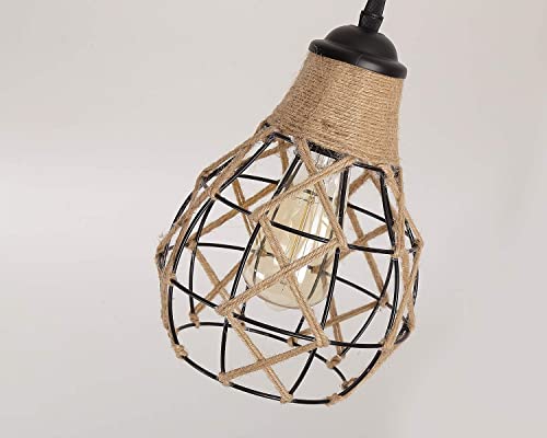 Rustic Industrial Woven Pendant Light, One-Light Adjustable Metal Hemp Rope Mini Pendant Lighting Fixture for Kitchen Island Cafe Bar Farmhouse, Black