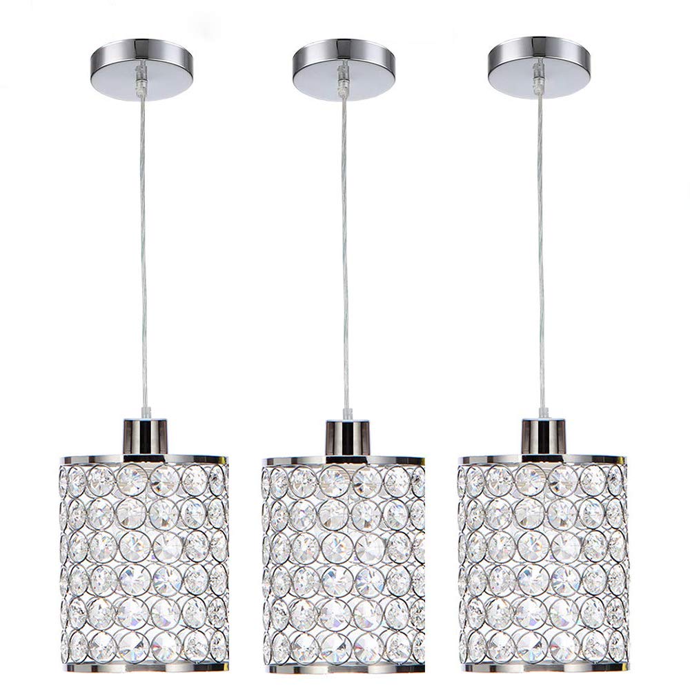 Cuaulans 3 Pack Crystal Pendant Light, Modern Chrome Kitchen Island Pendant Lighting,Cord Adjustable Bar Ceiling Hanging Lights for Kitchen Dining Room Bedroom Bar