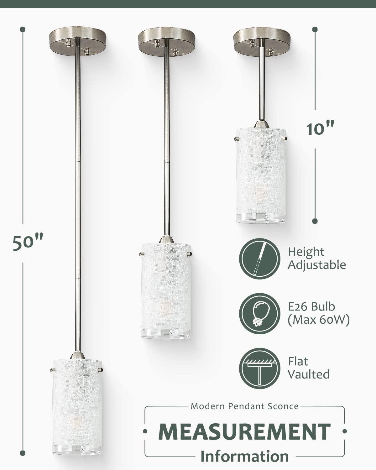 Eietonte 1-Light Mini Pendant Light Fixtures, Modern Chandelier Hanging Ceiling Light with White Frosted Shade, Brushed Nickel Pendant Lighting for Kitchen Bedroom Hallway, Adjustable Height, 3 Pack