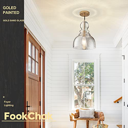 FookChak Gold Pendant Light, Modern Glass Pendant Lighting Over Table 10inch Large Brass Ceiling Haning Light Fixture for Kitchen Island Kitchen Sink Dining Room Hallway Entrance, 1-Light E26