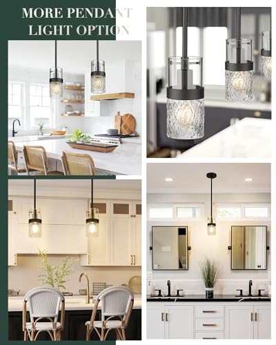 LMS Black Pendant Lights, Modern Industrial Pendant Lighting for Kitchen Island with Hammered Glass, LMS-172