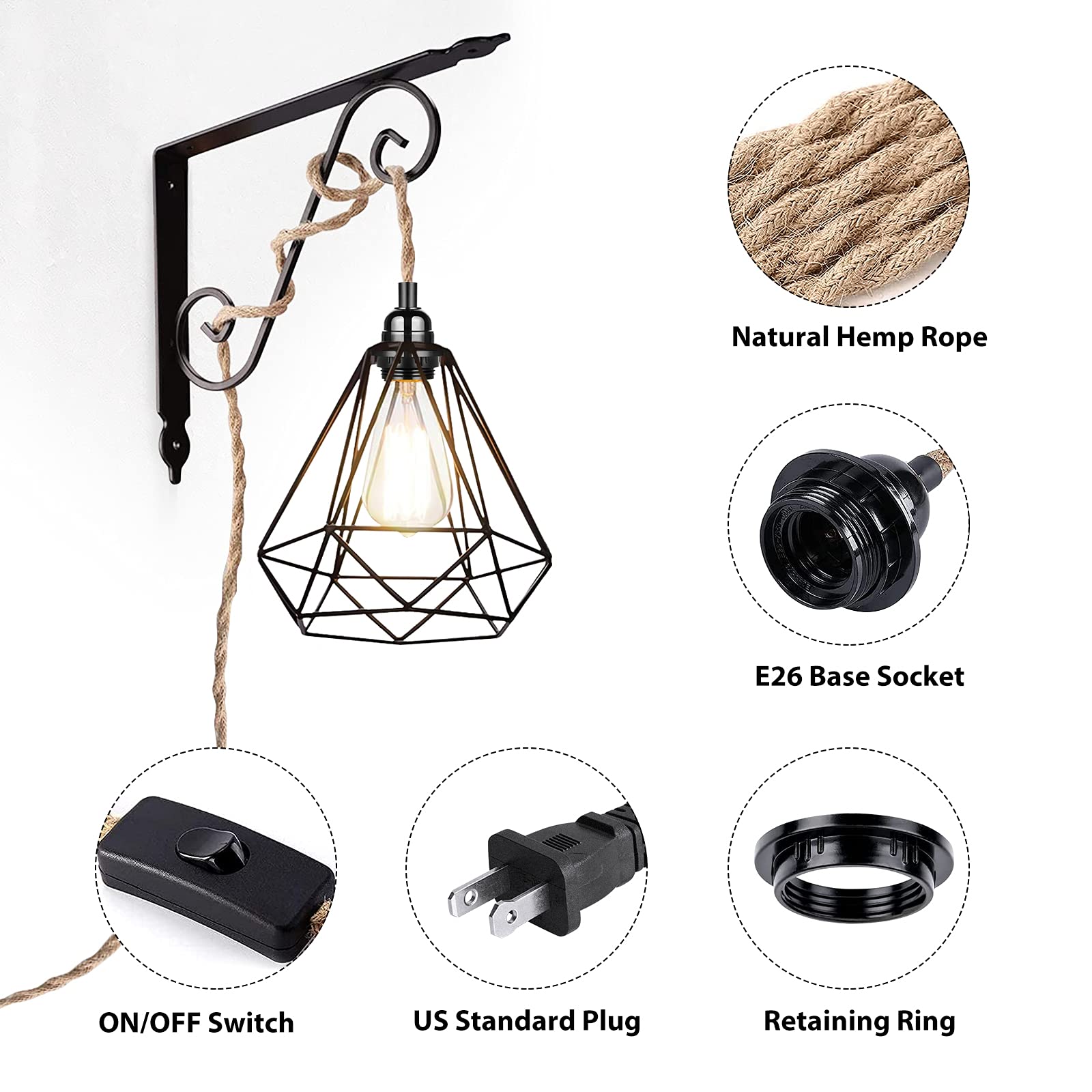 Plug in Hanging Light Fixture, 20FT 3 Bulbs Pendant Lamp Lights Cord with Switch Cord E26 Bulbs Socket, Industrial DIY Twisted Hemp Rope Overhead Lamps for Farmhouse Bedroom Home Lighting Decors