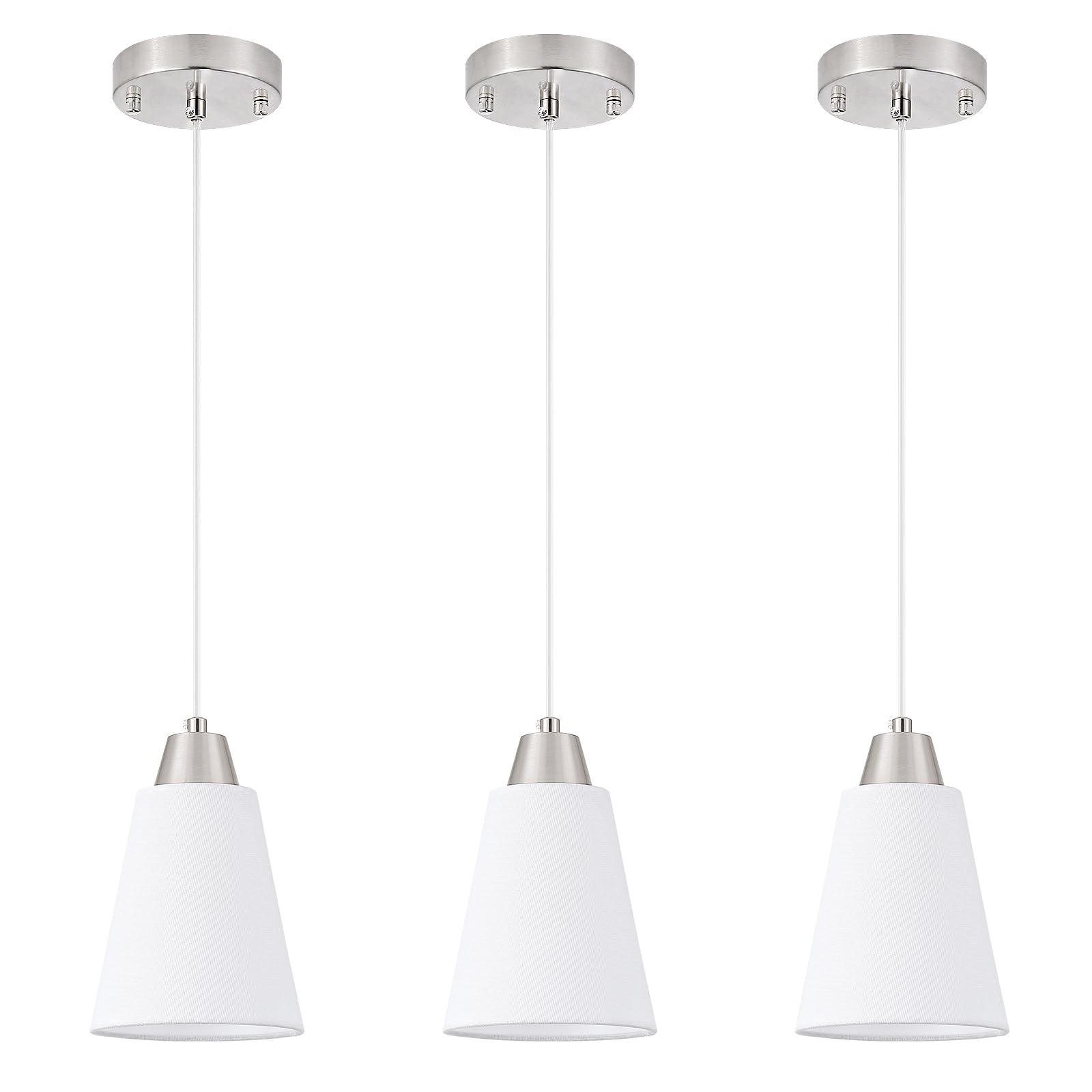 Brushed Nickel Pendant Light Set of 3,Silver Pendant Lights Kitchen Island, Dining Room Lamp Fixtures Over Table with White Fabric Shade, Modern Mini Chandeliers,Adjustable Cord Hanging Lighting