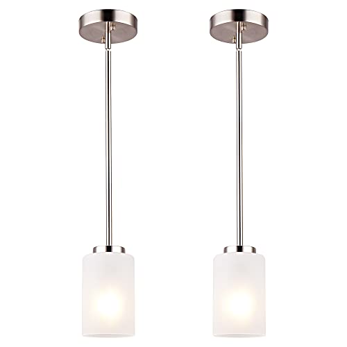 Eietonte 1-Light Mini Pendant Light Fixtures, Industrial Chandelier Hanging Ceiling Light with Opal White Shades, Adjustable Height, Brushed Nickel Pendant Lighting for Kitchen Bedroom Hallway, 2 Pack