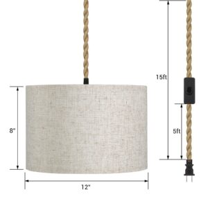 EDISHINE 2 Pack Plug in Pendant Light Boho Hanging Lamp, Hanging Lights with 15FT Hemp Rope Cord, Natural Linen Lamp Shade, Swag Lamp for Bedroom, Living Room, Dinning Room