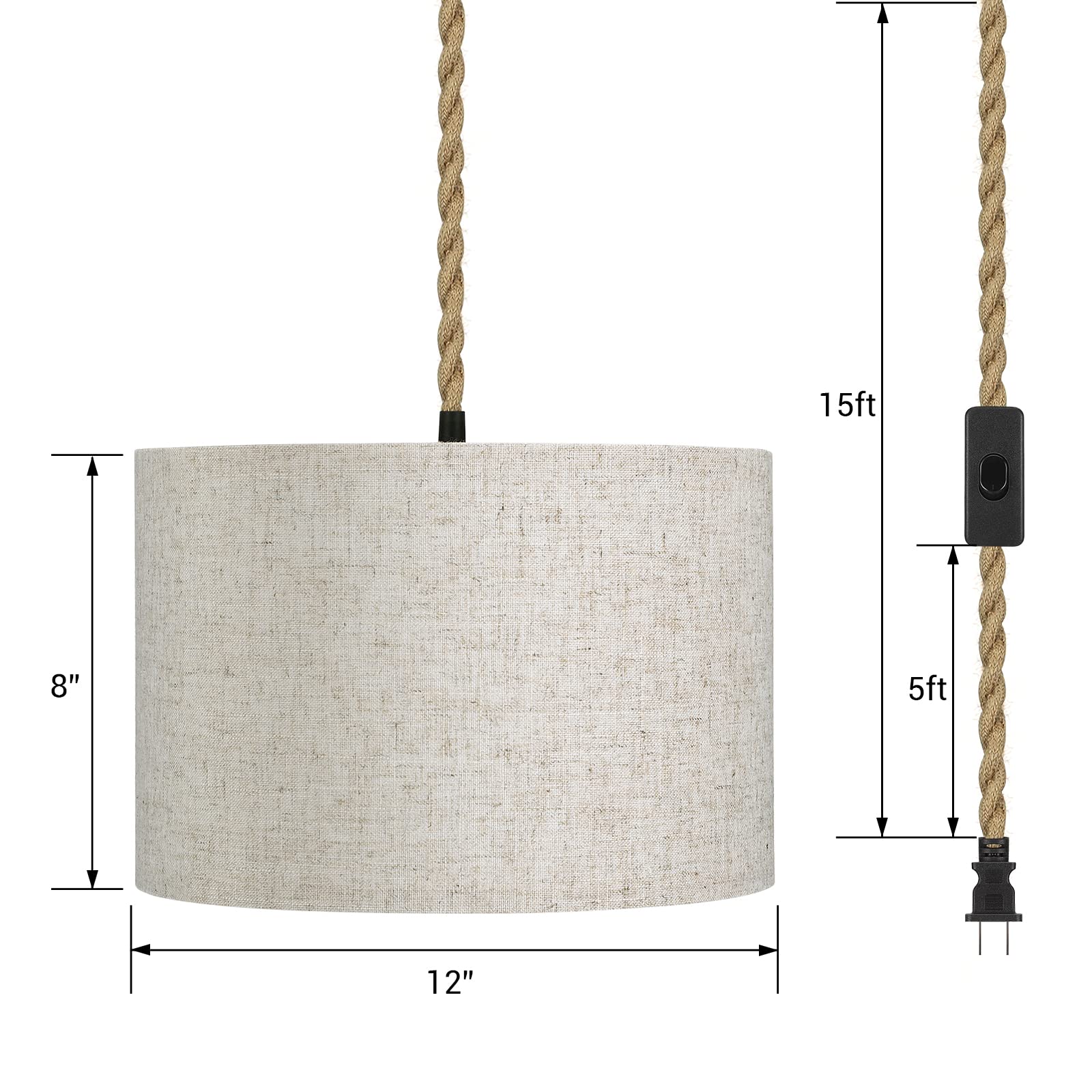 EDISHINE 2 Pack Plug in Pendant Light Boho Hanging Lamp, Hanging Lights with 15FT Hemp Rope Cord, Natural Linen Lamp Shade, Swag Lamp for Bedroom, Living Room, Dinning Room