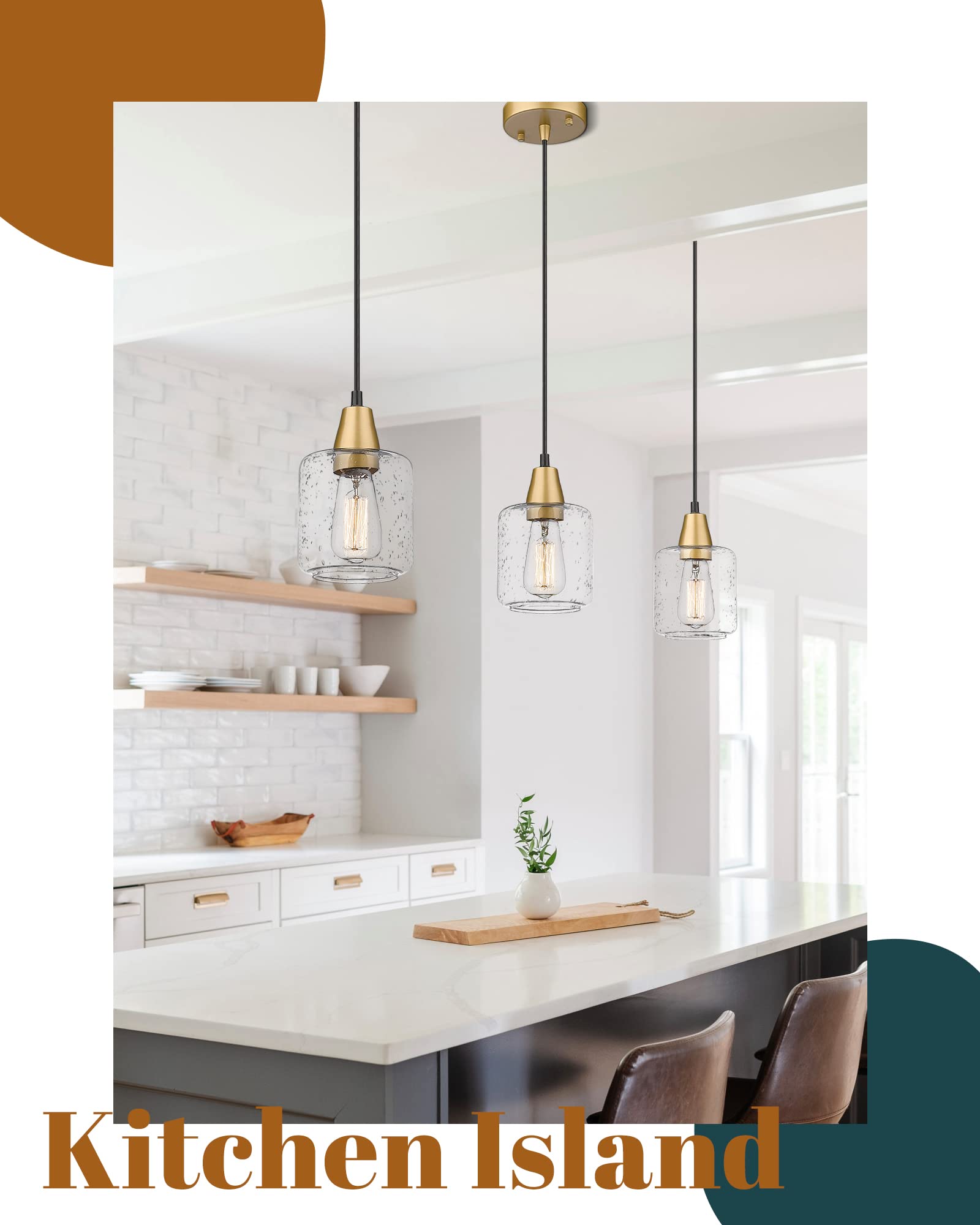 FOITTON Gold Pendant Light, Industrial Hanging Light Fixtures with Seeded Glass Shade, Adjustable Height, Farmhouse Pendant Lighting for Kitchen Island Dining Room-2 Pack