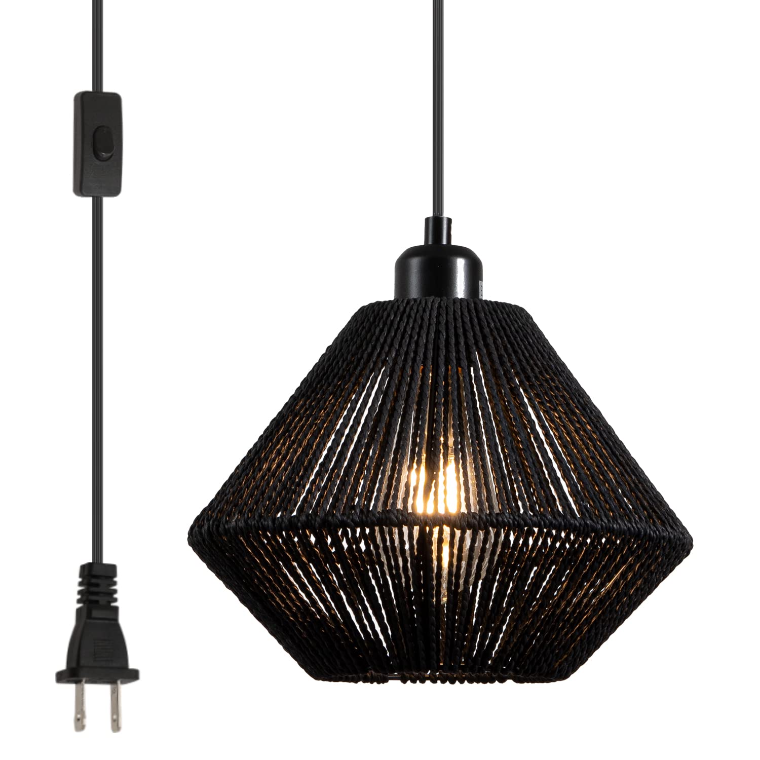 YongMing CL Black Woven Plug in Pendant Light Fixture, 9.65’’ Rustic Farmhouse Pendant Hanging Light with Plug in Cord & On/Off Switch for Kitchen Island Living Dining Room Bedroom Foyer