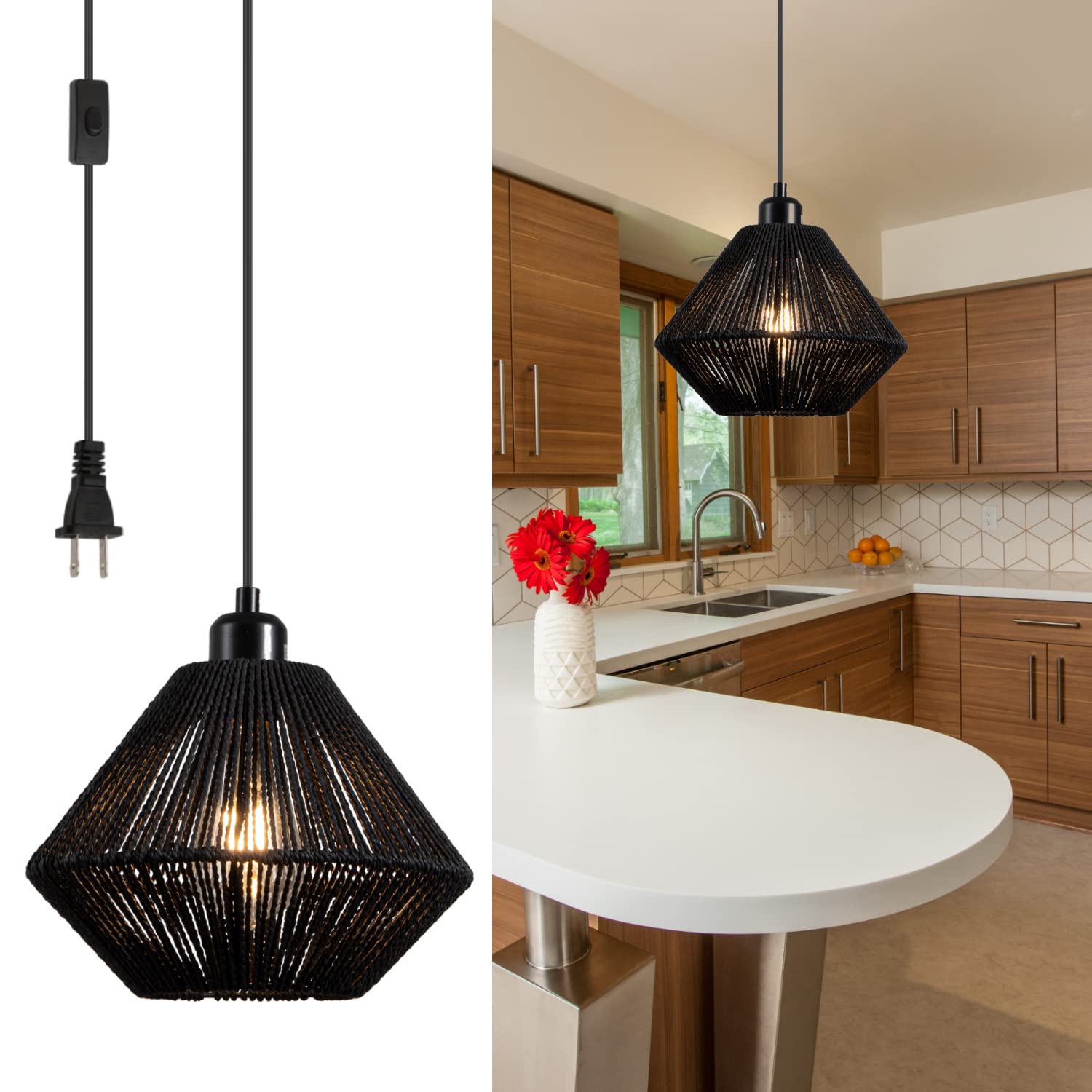 YongMing CL Black Woven Plug in Pendant Light Fixture, 9.65’’ Rustic Farmhouse Pendant Hanging Light with Plug in Cord & On/Off Switch for Kitchen Island Living Dining Room Bedroom Foyer