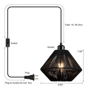 YongMing CL Black Woven Plug in Pendant Light Fixture, 9.65’’ Rustic Farmhouse Pendant Hanging Light with Plug in Cord & On/Off Switch for Kitchen Island Living Dining Room Bedroom Foyer