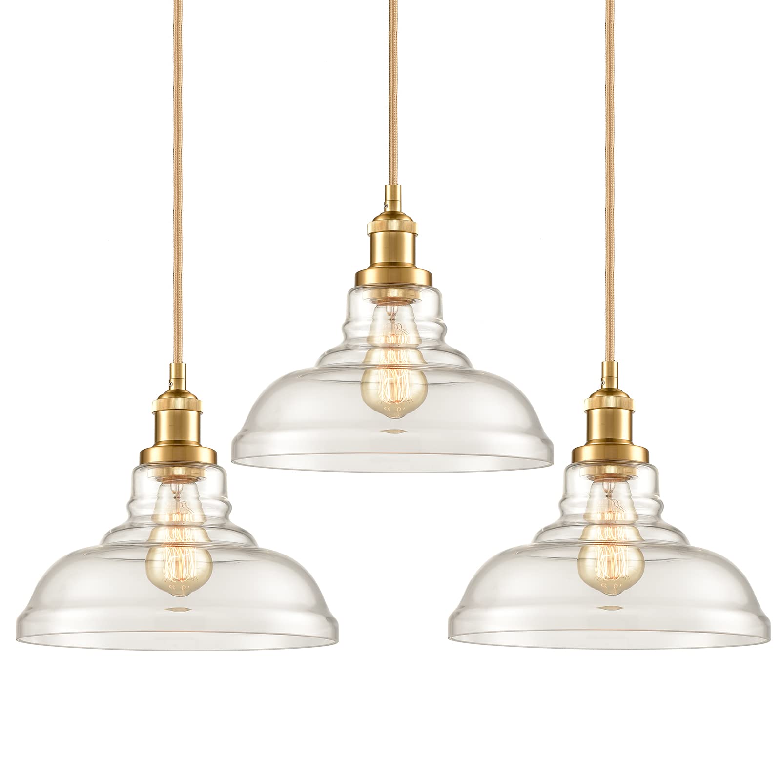 CLAXY Industrial Brass/Gold Pendant Lights Glass Dome Kitchen Hanging Light Fixture-3 Pack