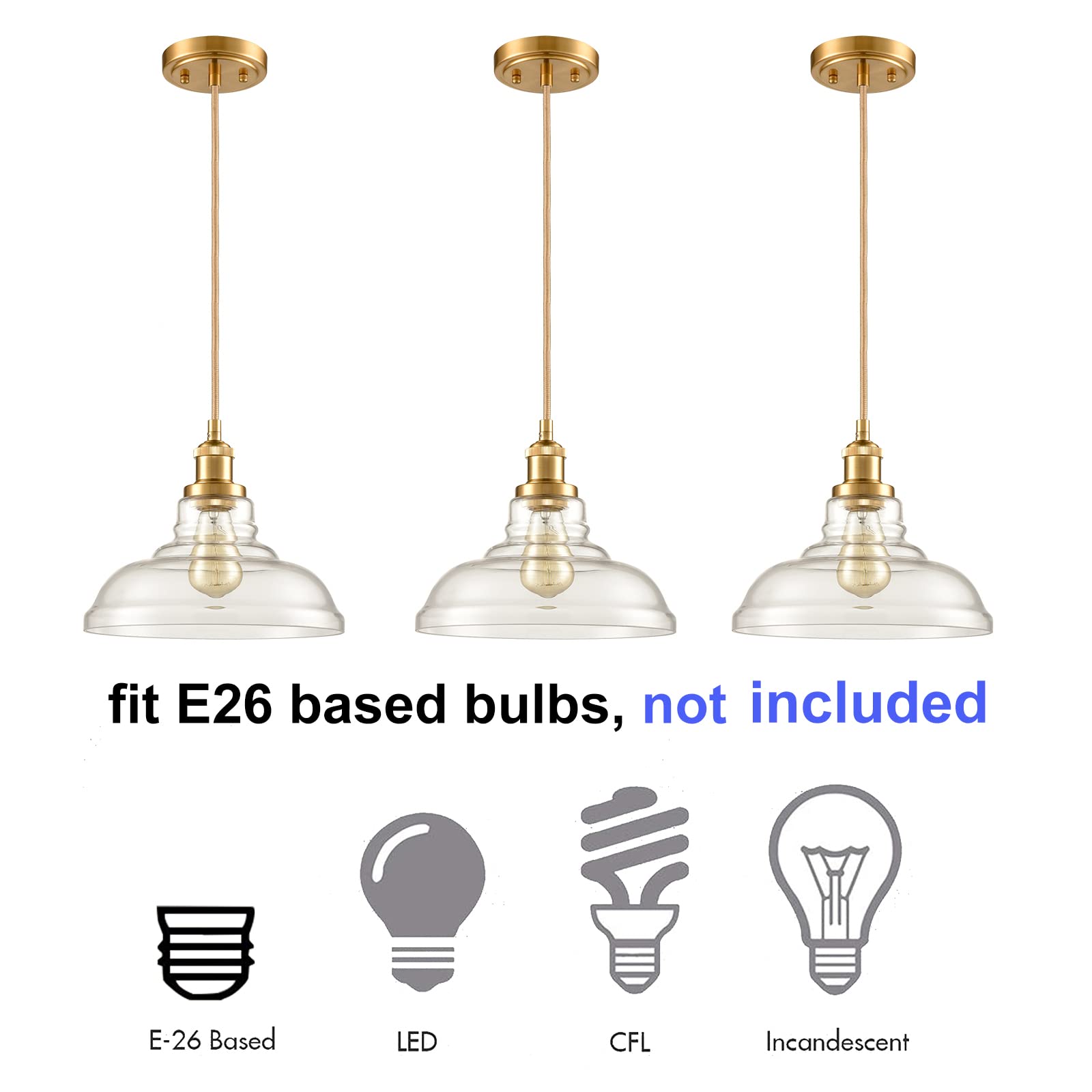 CLAXY Industrial Brass/Gold Pendant Lights Glass Dome Kitchen Hanging Light Fixture-3 Pack