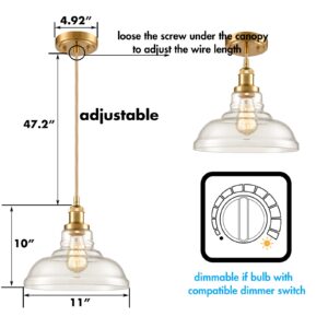 CLAXY Industrial Brass/Gold Pendant Lights Glass Dome Kitchen Hanging Light Fixture-3 Pack