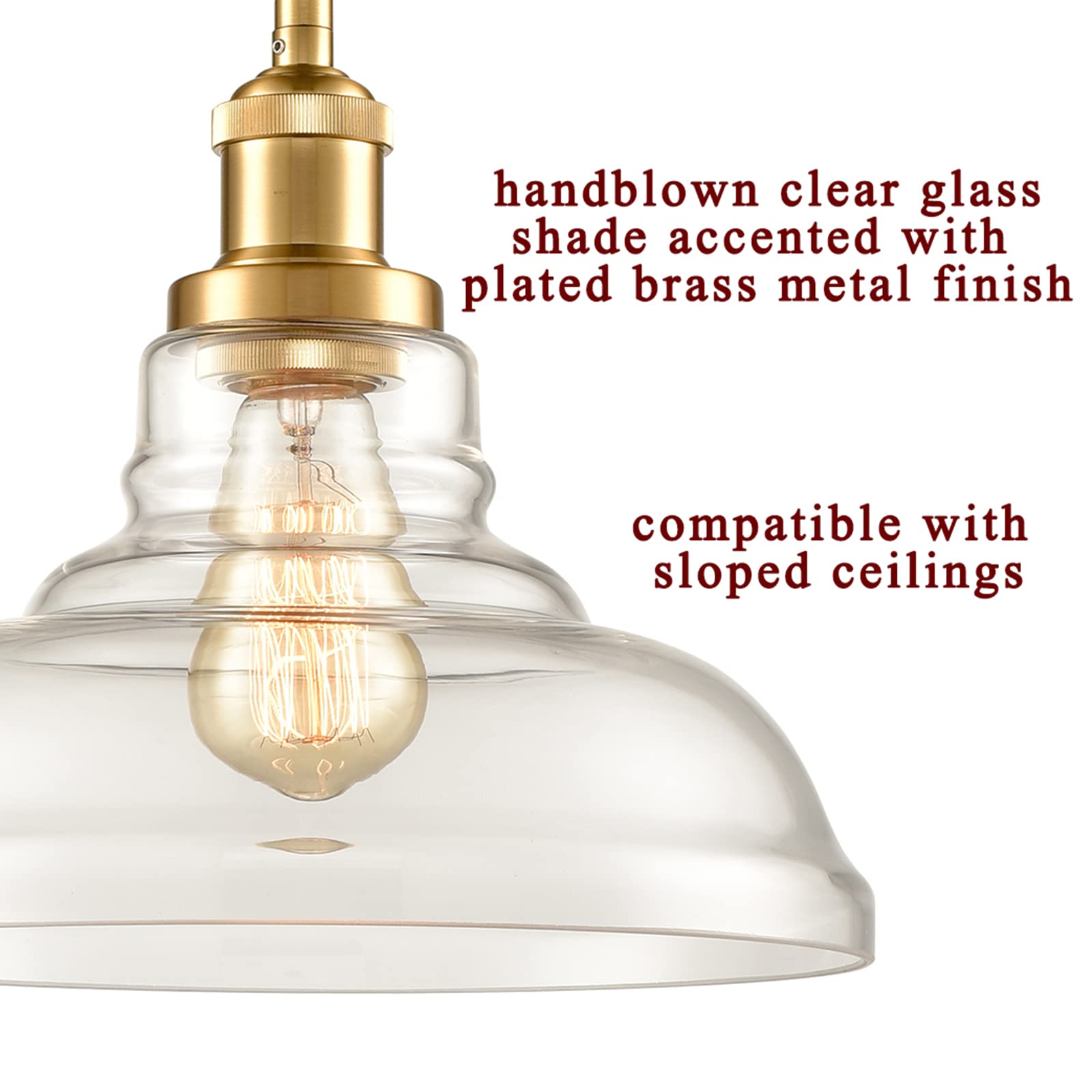 CLAXY Industrial Brass/Gold Pendant Lights Glass Dome Kitchen Hanging Light Fixture-3 Pack