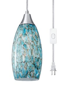 dewenwils edishine plug in pendant light, hanging light with15ft adjustable cord, on/off switch, handcrafted art glass shade, hanging light fixture for kitchen, bathroom, entryway, light blue
