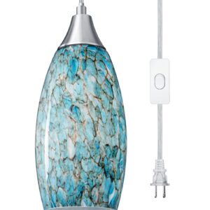 DEWENWILS EDISHINE Plug in Pendant Light, Hanging Light with15FT Adjustable Cord, On/Off Switch, Handcrafted Art Glass Shade, Hanging Light Fixture for Kitchen, Bathroom, Entryway, Light Blue