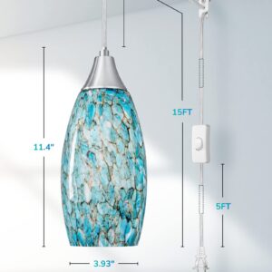 DEWENWILS EDISHINE Plug in Pendant Light, Hanging Light with15FT Adjustable Cord, On/Off Switch, Handcrafted Art Glass Shade, Hanging Light Fixture for Kitchen, Bathroom, Entryway, Light Blue