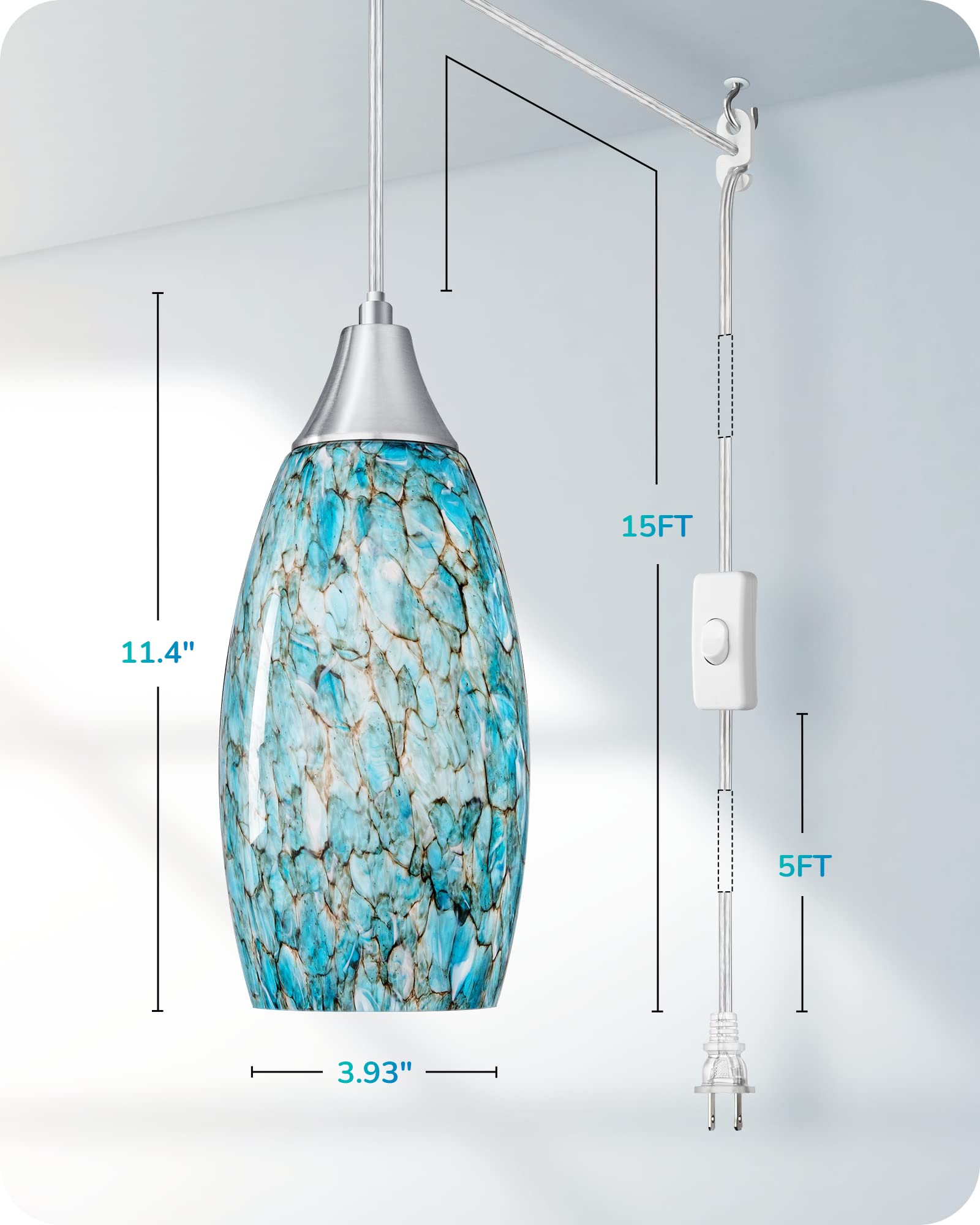 DEWENWILS EDISHINE Plug in Pendant Light, Hanging Light with15FT Adjustable Cord, On/Off Switch, Handcrafted Art Glass Shade, Hanging Light Fixture for Kitchen, Bathroom, Entryway, Light Blue