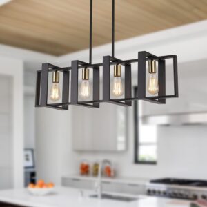 35.4" kitchen island lighting fixture, dining room 4 lights chandeliers, black wood+metal pendant light for foyer hallway living room