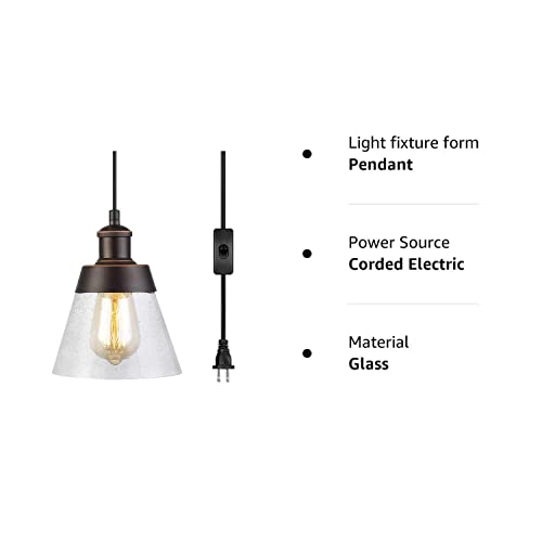 Fivess Lighting Rustic Glass Plug in Pendant Light with 15ft Cord, On/Off Switch, Handblown Clear Seeded Mini Hanging Fixture for Kitchen Island Sink Bar Farmhouse, Oil Rubbed Bronze (FSS3203-1P)