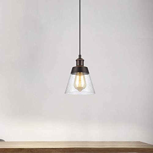 Fivess Lighting Rustic Glass Plug in Pendant Light with 15ft Cord, On/Off Switch, Handblown Clear Seeded Mini Hanging Fixture for Kitchen Island Sink Bar Farmhouse, Oil Rubbed Bronze (FSS3203-1P)