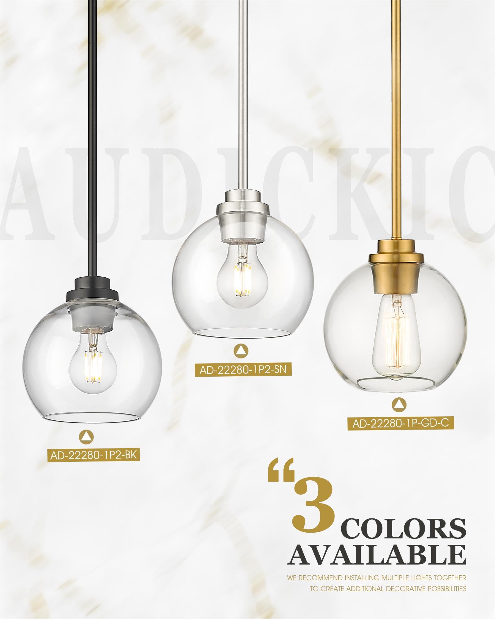 Audickic Brass Pendant Lights Kitchen Island 2 Pack, Farmhouse Gold Pendant Light with Clear Glass Globe Shade, Kitchen Island Lighting for Dining Room Entryway, AD-22280-1P2-GD-C