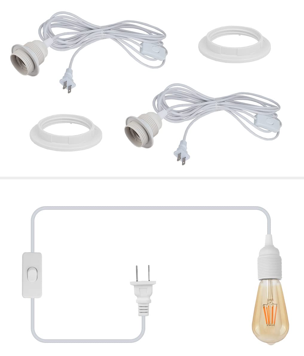 HUIBONA Plug in Hanging Light Cord,E26/E27 Extension Hanging Plug in Light Sockt, 2-Pack 15FT Pendant Light Socket Kits White for Kitchen Bedroom Farmhous.