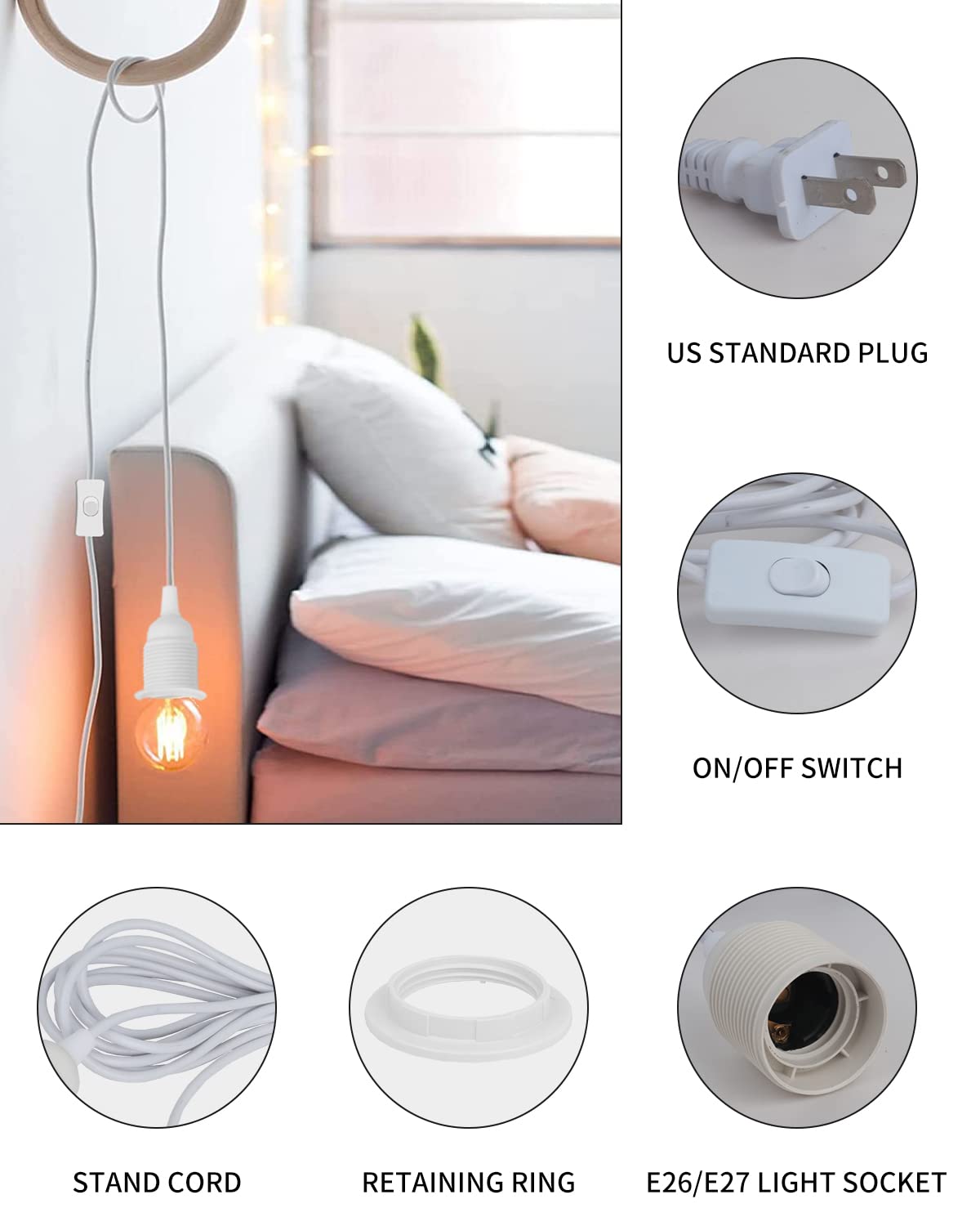 HUIBONA Plug in Hanging Light Cord,E26/E27 Extension Hanging Plug in Light Sockt, 2-Pack 15FT Pendant Light Socket Kits White for Kitchen Bedroom Farmhous.