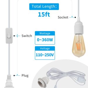 HUIBONA Plug in Hanging Light Cord,E26/E27 Extension Hanging Plug in Light Sockt, 2-Pack 15FT Pendant Light Socket Kits White for Kitchen Bedroom Farmhous.