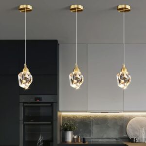 Sxtiger Modern Crystal Pendant Light, 3-Color LED Crystal Pendant Light, Adjustable Height Gold Ceiling Hanging Pendant Lamp, for Kitchen Island Bedroom Dining Room (Gold)