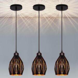 retro pendant light fixtures 3 pack industrial pendant lighting adjustable hanging light fixtures with geometric black metal shade farmhouse pendant light ceiling lamp for kitchen island