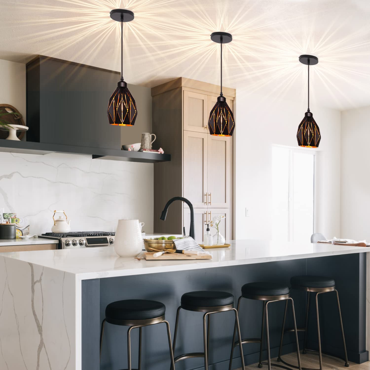 Retro Pendant Light Fixtures 3 Pack Industrial Pendant Lighting Adjustable Hanging Light Fixtures with Geometric Black Metal Shade Farmhouse Pendant Light Ceiling Lamp for Kitchen Island