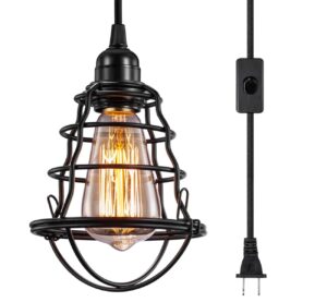 asnxcju industrial plug in pendant light, vintage hanging cage pendant light with plug in cord, farmhouse e26 e27 edison pendant lighting with on/off switch for living room dining room
