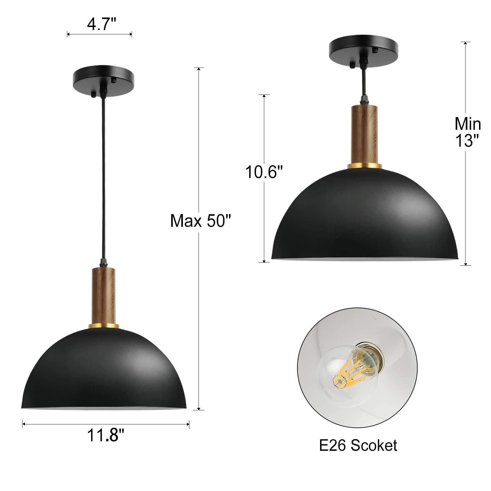 Black Pendant Lighting,Large Wooden Pendant Light, Modern Dome Adjustable Ceiling Hanging Light Fixture for Kitchen Island,Dining Room,Coffee Bar,Restaurant11.8