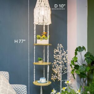 Macrame Lamp Shade and Hanging Plant Holder Shelf Indoor for Boho Bedroom Decor Plug in Pendant Light Hanging Light with Plug in Cord and Switch for Bohemian Office Corner Reading Light (Cream)